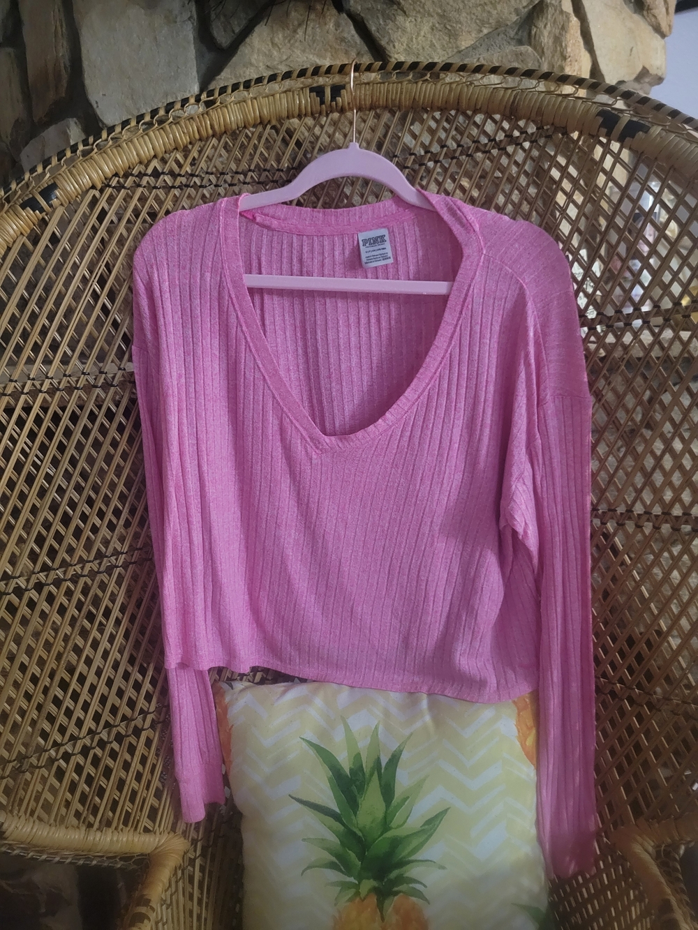 PINK Victoria's Secret Ribbed V-Neck Long Sleeve Top - Pink